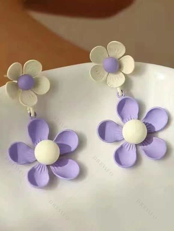 Boucles d'oreilles pendantes tendance en forme de fleurs colorblock - Violet clair 