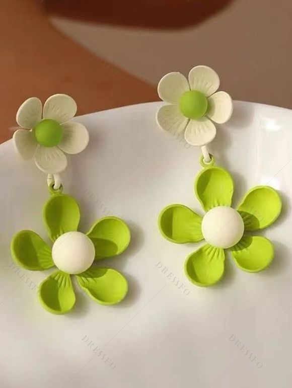 Boucles d'oreilles pendantes tendance en forme de fleurs colorblock - Vert clair 