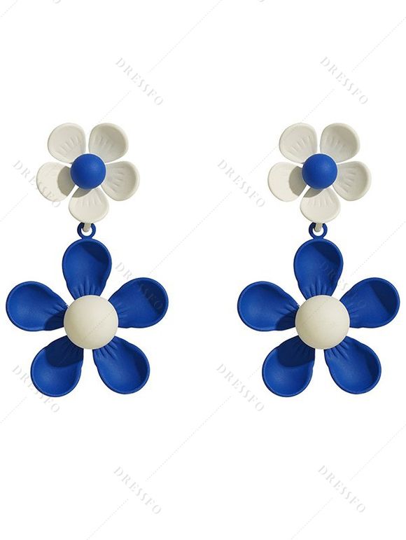 Boucles d'oreilles pendantes tendance en forme de fleurs colorblock - Bleu 