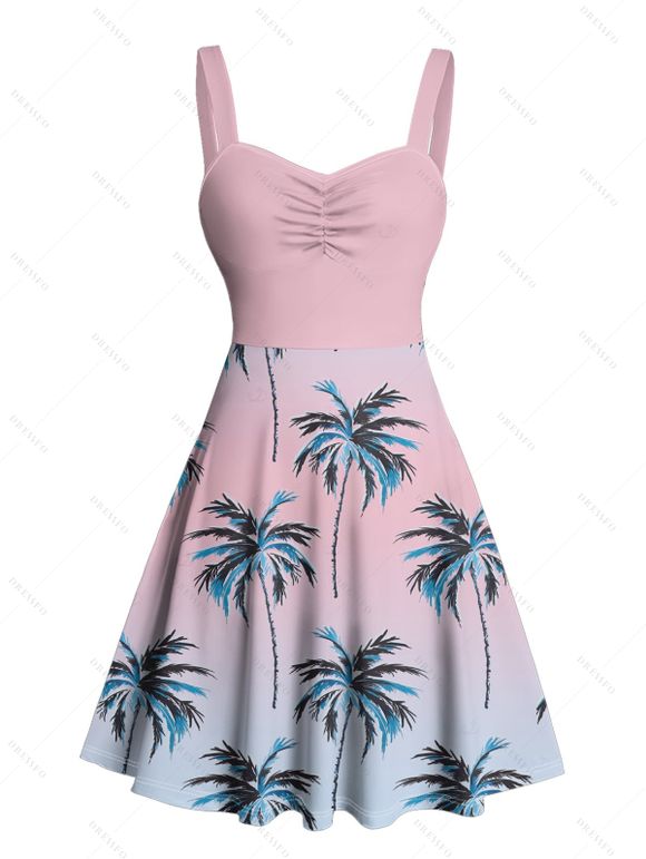 Robe de plage courte à col en cœur et ceinture froncée à motif cocotier - Rose clair XXXXXL | US 20