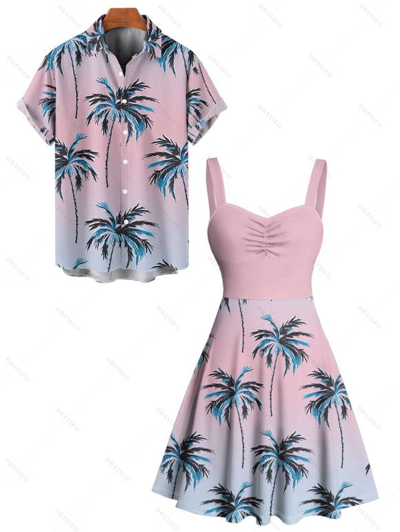 Vacation Couple Outfit Coconut Tree Pattern Ombre Ruched Bust Belt Sweetheart Neck Dress and Button Up Shirt Beach Matching Outfit - Rose clair S | US 4