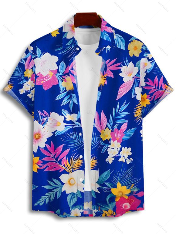 Chemise de vacances pour homme à motif floral et feuilles colorées, boutonnée et retroussée, manches courtes, pour la plage - multicolor 5XL