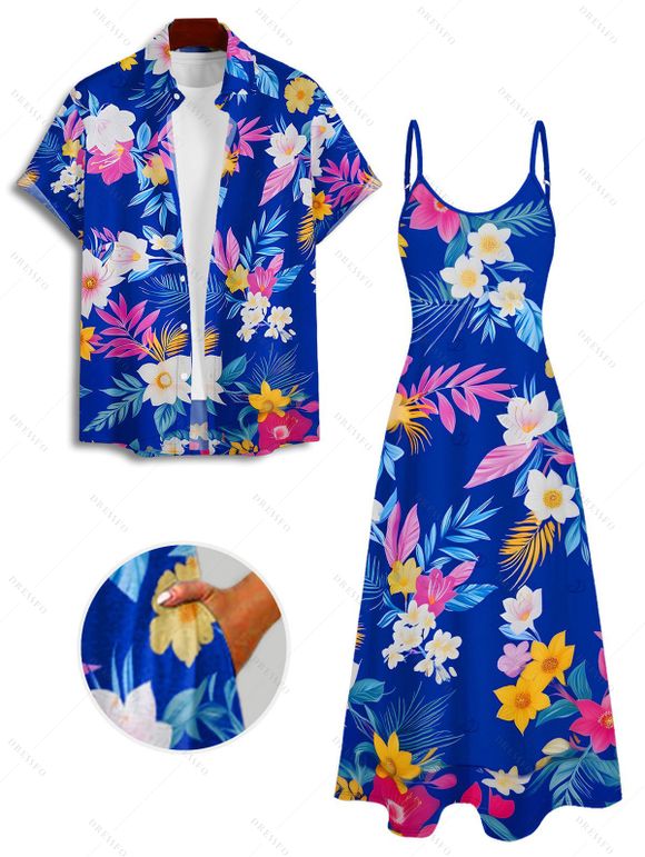 Vacation Couple Outfit Allover Flower Colored Leaf Pattern Pocket Spaghetti Strap A Line Long Dress and Button Up Shirt Beach Matching Outfit - multicolor S | US 4