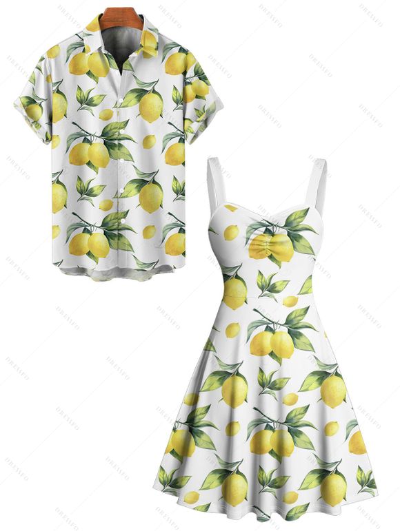 Vacation Couple Outfit Allover Lemon Leaf Pattern Ruched Bust Belt Sweetheart Neck Dress and Button Up Shirt Casual Matching Outfit - Blanc S | US 4