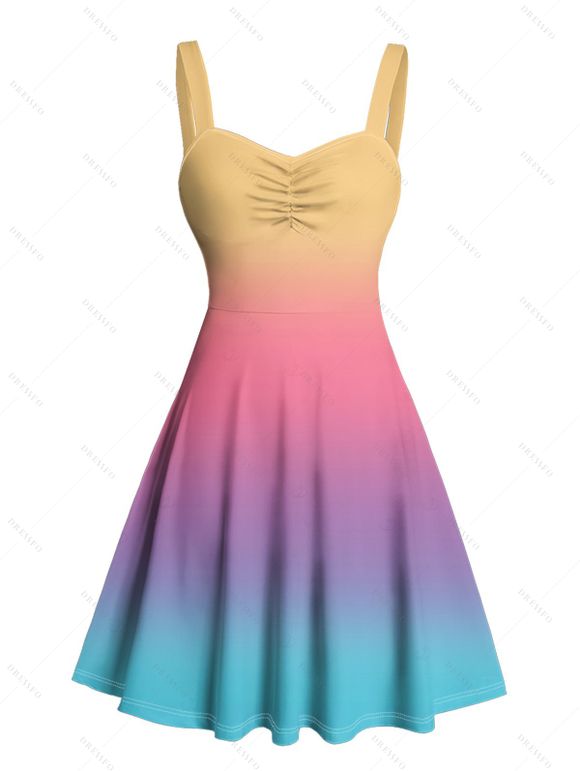 Robe de vacances décontractée à col en cœur et ceinture froncée, couleur arc-en-ciel ombrée, coupe trapèze - multicolor XXXXXL | US 20