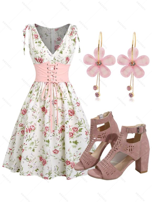 Floral Print Cinched Zipper Back Dress Corset Belt Set and Solid Hollow Out Buckle Zipper Sandals Drop Earrings Outfit - Blanc S | US 4