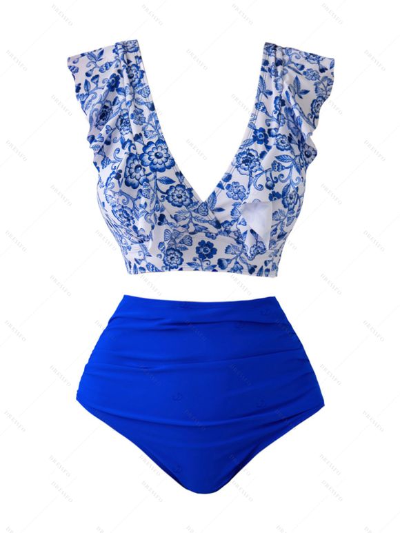 Maillot de bain deux pièces de plage à imprimé floral, volants, décolleté plongeant, nœud papillon, haut de bain et slip taille haute froncé gainant pour les vacances - Bleu L | US 8