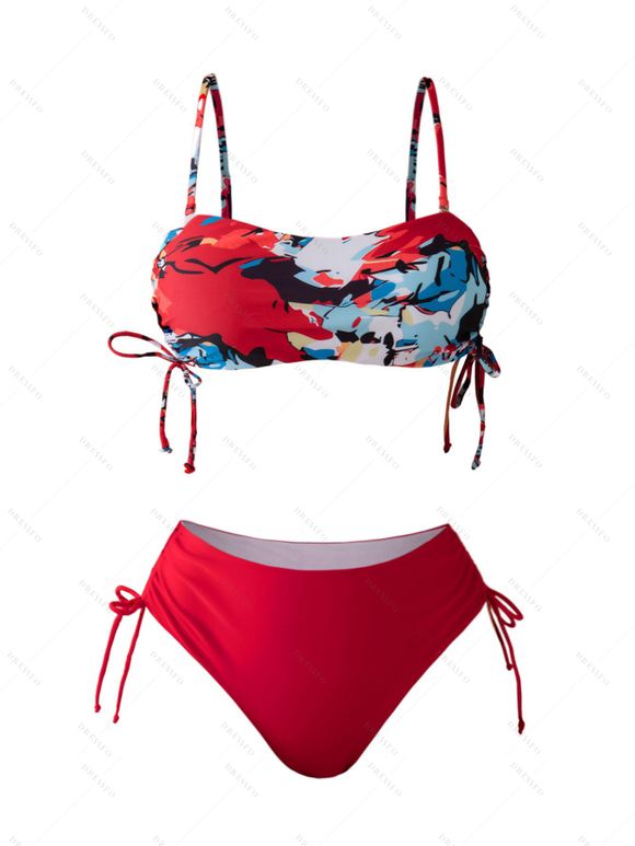 Maillot de bain deux pièces de plage à imprimé abstrait, bretelles spaghetti réglables, haut de bain rembourré et slip taille haute, maillots de bain de vacances - Rouge L | US 8