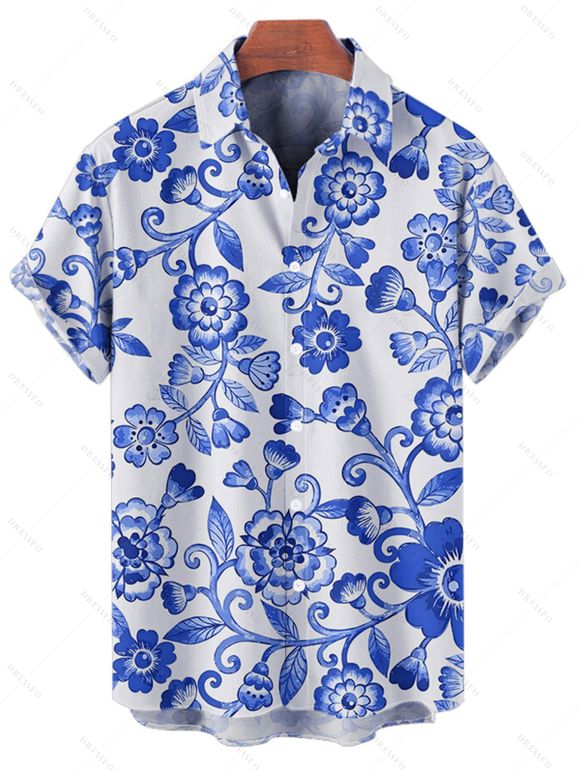 Chemise de vacances à motif floral pour homme, boutonnée, retroussée, manches courtes, décontractée - Bleu L