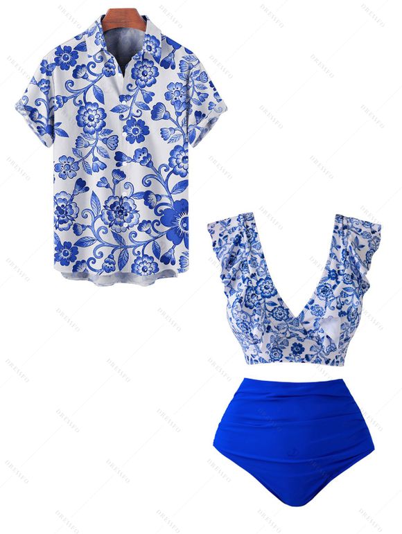 Beach Couple Outfit Flower Print Ruffle Plunging Neck Bowknot Swim Top and Ruched Briefs Swimsuit and Button Up Shirt Vacation Matching Outfit - Bleu S | US 4