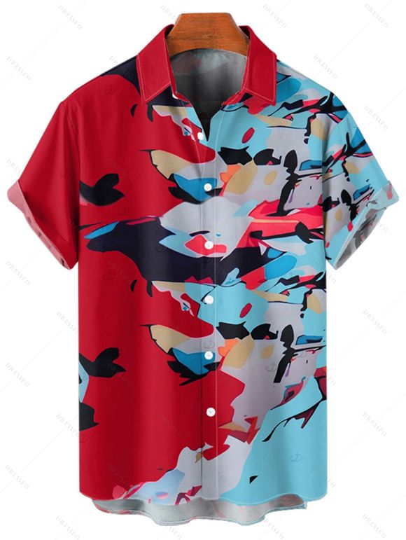 Chemise de vacances à imprimé abstrait pour homme, boutonnée, retroussée, manches courtes, pour la plage - Rouge L