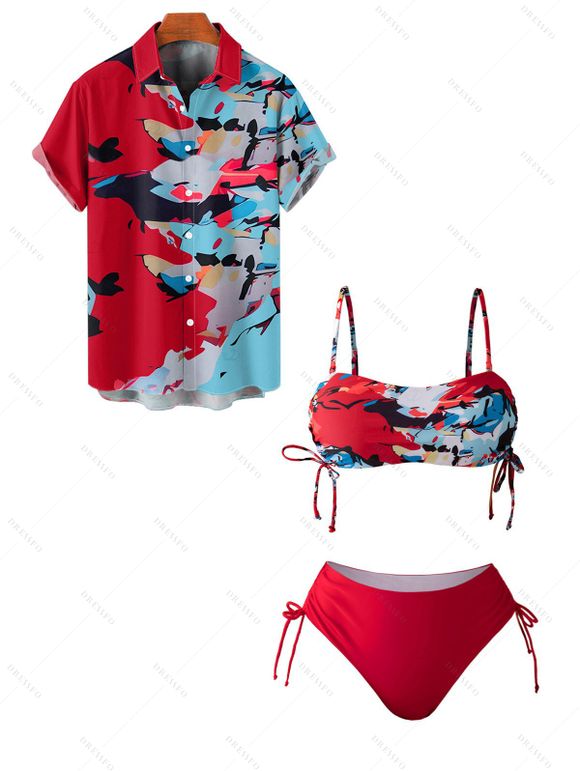 Beach Couple Outfit Abstract Print Cinched Padded Swim Top High Cut Briefs Two Piece Swimsuit and Button Up Shirt Vacation Matching Outfit - Rouge S | US 4