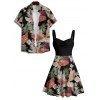 Vacation Couple Outfit Tropical Flower Leaf Plant Pattern Ruched Bust Sweetheart Neck Dress and Button Up Shirt Hawaii Matching Outfit - Noir S | US 4
