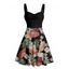 Robe de vacances à motif de feuilles de fleurs tropicales, buste froncé, ceinture, col en cœur, mini robe hawaïenne trapèze - Noir XXXXXL | US 20