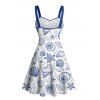 Robe de vacances à imprimé animal marin, buste froncé, ceinture, décolleté en cœur, mini robe de plage trapèze - Bleu XXXXXL | US 20