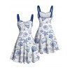 Robe de vacances à imprimé animal marin, buste froncé, ceinture, décolleté en cœur, mini robe de plage trapèze - Bleu XXXXXL | US 20