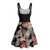Vacation Couple Outfit Tropical Flower Leaf Plant Pattern Ruched Bust Belt Sweetheart Neck Dress and Button Up Shirt Hawaii Matching Outfit - Noir S | US 4