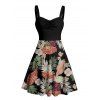 Vacation Couple Outfit Tropical Flower Leaf Plant Pattern Ruched Bust Belt Sweetheart Neck Dress and Button Up Shirt Hawaii Matching Outfit - Noir S | US 4