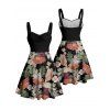 Vacation Couple Outfit Tropical Flower Leaf Plant Pattern Ruched Bust Belt Sweetheart Neck Dress and Button Up Shirt Hawaii Matching Outfit - Noir S | US 4