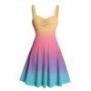 Vacation Couple Outfit Ombre Rainbow Color Ruched Bust Belt Sweetheart Neck Dress and Button Up Shirt Casual Matching Outfit - multicolor S | US 4