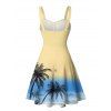 Vacation Couple Outfit Ombre Coconut Tree Pattern Ruched Bust Belt Sweetheart Neck Dress and Button Up Shirt Beach Matching Outfit - Jaune S | US 4