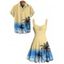 Vacation Couple Outfit Ombre Coconut Tree Pattern Ruched Bust Belt Sweetheart Neck Dress and Button Up Shirt Beach Matching Outfit - Jaune S | US 4