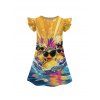 Girls Dress Funny Dark with Sunglasses Wave Pattern Vacation Dress Short Flare Sleeve A Line Mini Kid Dress - Deep Yellow 160
