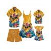 Vacation Family Outfit Funny Dark with Sunglasses Wave Pattern Women and Girl Dress and Button Up Men Boy Shirt and Drawstrings Shorts Beach Outfit - Deep Yellow S | US 4