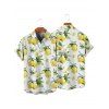 Vacation Couple Outfit Allover Lemon Leaf Pattern Ruched Bust Belt Sweetheart Neck Dress and Button Up Shirt Casual Matching Outfit - Blanc S | US 4
