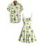 Vacation Couple Outfit Allover Lemon Leaf Pattern Ruched Bust Belt Sweetheart Neck Dress and Button Up Shirt Casual Matching Outfit - Blanc S | US 4