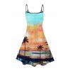Beach Couple Outfit Coconut Tree Sunset Beach Landscape Pattern Spaghetti Strap Tank Dress and Button Up Shirt Vacation Matching Outfit - multicolor A S | US 4