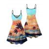 Beach Couple Outfit Coconut Tree Sunset Beach Landscape Pattern Spaghetti Strap Tank Dress and Button Up Shirt Vacation Matching Outfit - multicolor A S | US 4