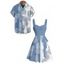 Vacation Couple Outfit Contrast Color Pineapple Pattern Ruched Bust Belt Dress and Button Up Shirt Beach Matching Outfit - Bleu Ciel S | US 4