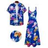 Vacation Couple Outfit Allover Flower Colored Leaf Pattern Pocket Spaghetti Strap A Line Long Dress and Button Up Shirt Beach Matching Outfit - multicolor S | US 4