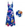 Vacation Couple Outfit Allover Flower Colored Leaf Pattern Pocket Spaghetti Strap A Line Long Dress and Button Up Shirt Beach Matching Outfit - multicolor S | US 4