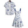 Vacation Couple Outfit Allover Marine Life Pattern Ruched Bust Belt Sweetheart Neck Dress and Button Up Shirt Beach Matching Outfit - Bleu S | US 4