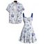 Vacation Couple Outfit Allover Marine Life Pattern Ruched Bust Belt Sweetheart Neck Dress and Button Up Shirt Beach Matching Outfit - Bleu S | US 4