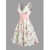 Floral Print Cinched Zipper Back Dress Corset Belt Set and Solid Hollow Out Buckle Zipper Sandals Drop Earrings Outfit - Blanc S | US 4