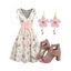 Floral Print Cinched Zipper Back Dress Corset Belt Set and Solid Hollow Out Buckle Zipper Sandals Drop Earrings Outfit - Blanc S | US 4