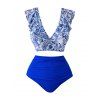 Maillot de bain deux pièces de plage à imprimé floral, volants, décolleté plongeant, nœud papillon, haut de bain et slip taille haute froncé gainant pour les vacances - Bleu L | US 8