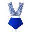 Maillot de bain deux pièces de plage à imprimé floral, volants, décolleté plongeant, nœud papillon, haut de bain et slip taille haute froncé gainant pour les vacances - Bleu L | US 8