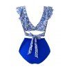 Maillot de bain deux pièces de plage à imprimé floral, volants, décolleté plongeant, nœud papillon, haut de bain et slip taille haute froncé gainant pour les vacances - Bleu L | US 8
