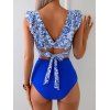 Maillot de bain deux pièces de plage à imprimé floral, volants, décolleté plongeant, nœud papillon, haut de bain et slip taille haute froncé gainant pour les vacances - Bleu L | US 8