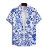 Chemise de vacances à motif floral pour homme, boutonnée, retroussée, manches courtes, décontractée - Bleu L