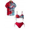 Beach Couple Outfit Abstract Print Cinched Padded Swim Top High Cut Briefs Two Piece Swimsuit and Button Up Shirt Vacation Matching Outfit - Rouge S | US 4