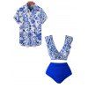 Beach Couple Outfit Flower Print Ruffle Plunging Neck Bowknot Swim Top and Ruched Briefs Swimsuit and Button Up Shirt Vacation Matching Outfit - Bleu S | US 4