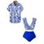 Beach Couple Outfit Flower Print Ruffle Plunging Neck Bowknot Swim Top and Ruched Briefs Swimsuit and Button Up Shirt Vacation Matching Outfit - Bleu S | US 4