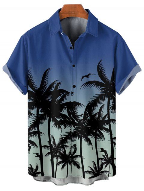 Chemise de vacances à imprimé palmier ombré pour homme, boutonnée, retroussée, manches courtes, décontractée