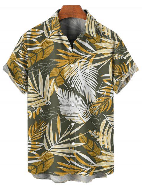 Chemise de vacances à imprimé feuilles tropicales pour homme, boutonnée, retroussée, manches courtes, pour la plage