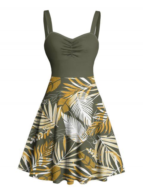 Robe de vacances à motif de feuilles tropicales, buste froncé, col en cœur, mini robe de plage trapèze